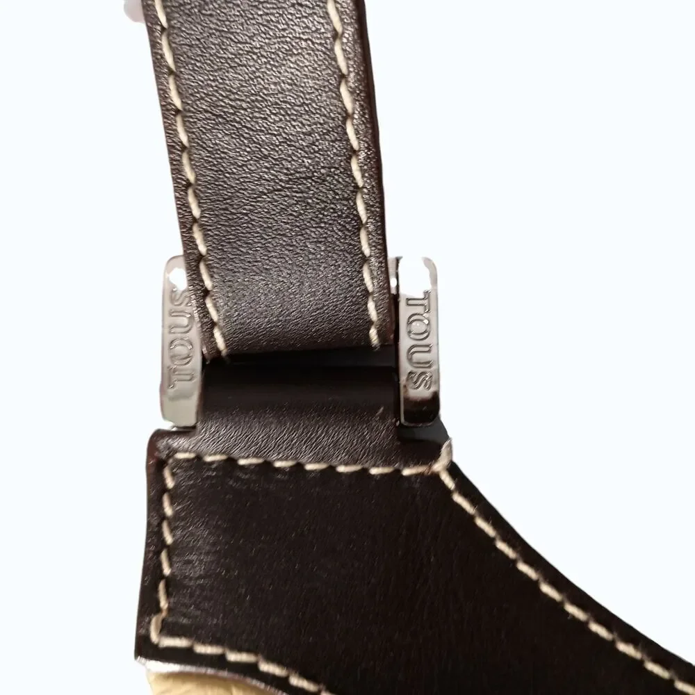 Tous Hobo Shoulder Bag Brown Yellow Leather Silver Logo